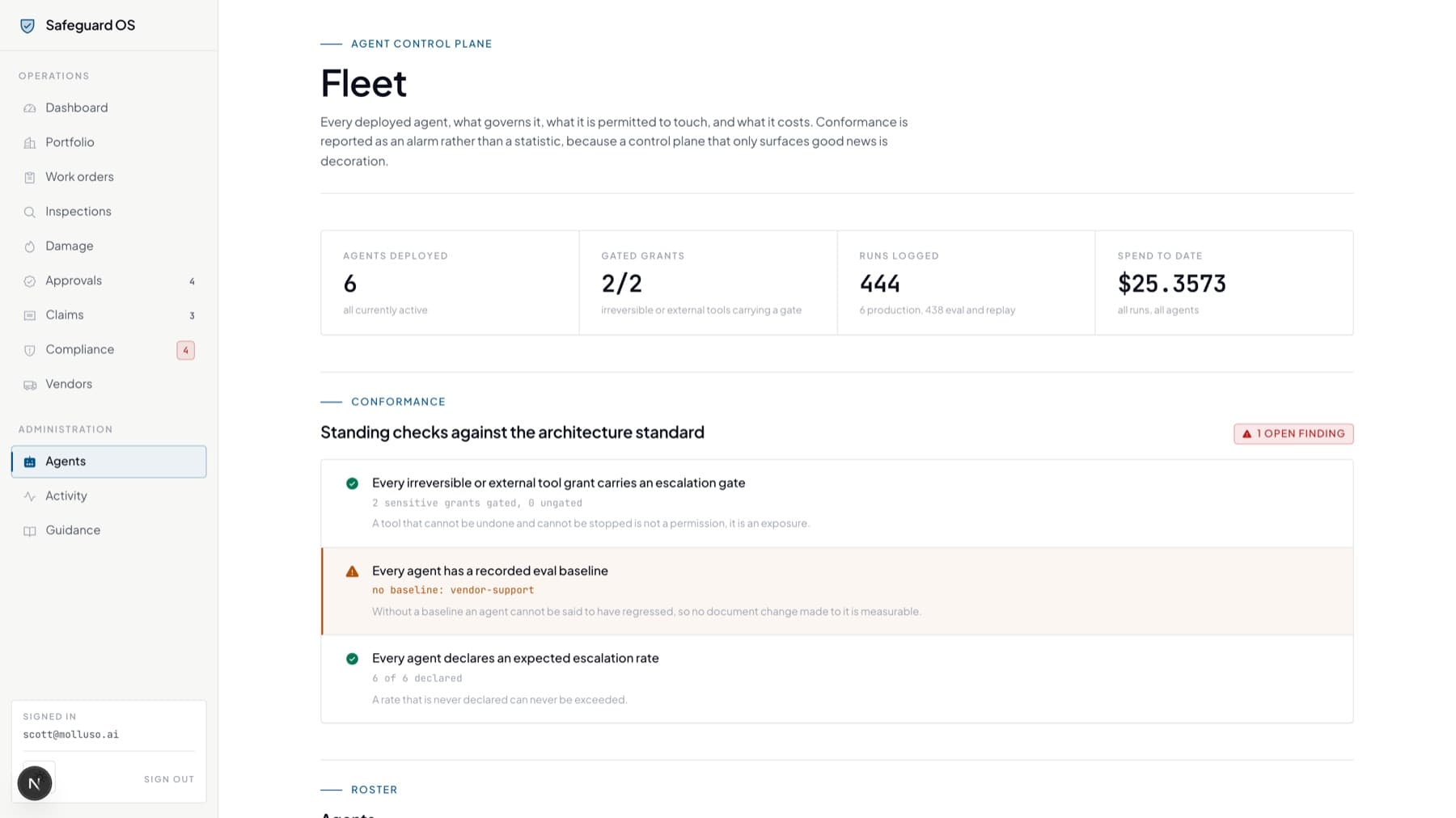 Safeguard OS Fleet. Six agents, their governing documents, and every run they have made.
