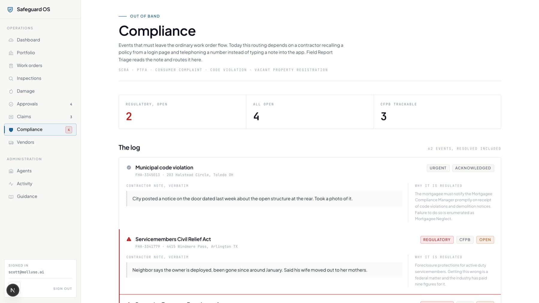 Safeguard OS Compliance. SCRA, PTFA and complaint signals pulled out of free-text field notes.