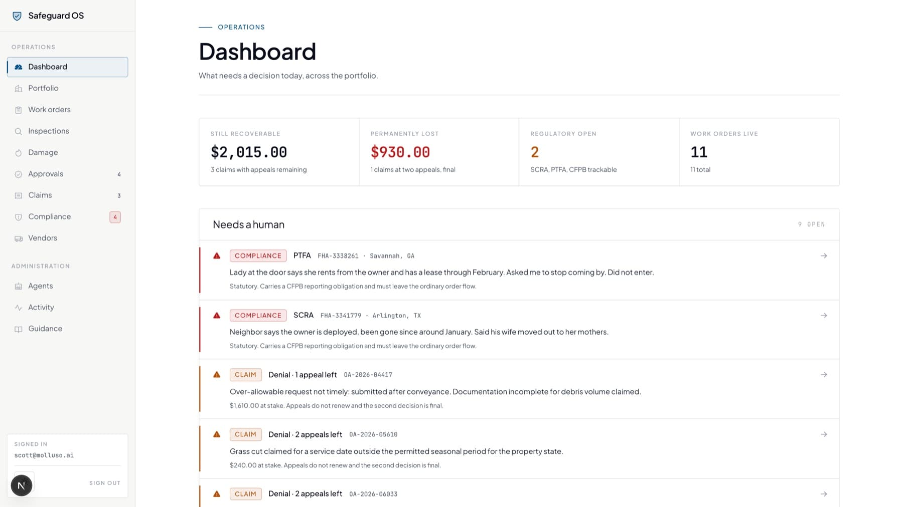 Safeguard OS Dashboard. What needs a decision today, priced by what is still recoverable.
